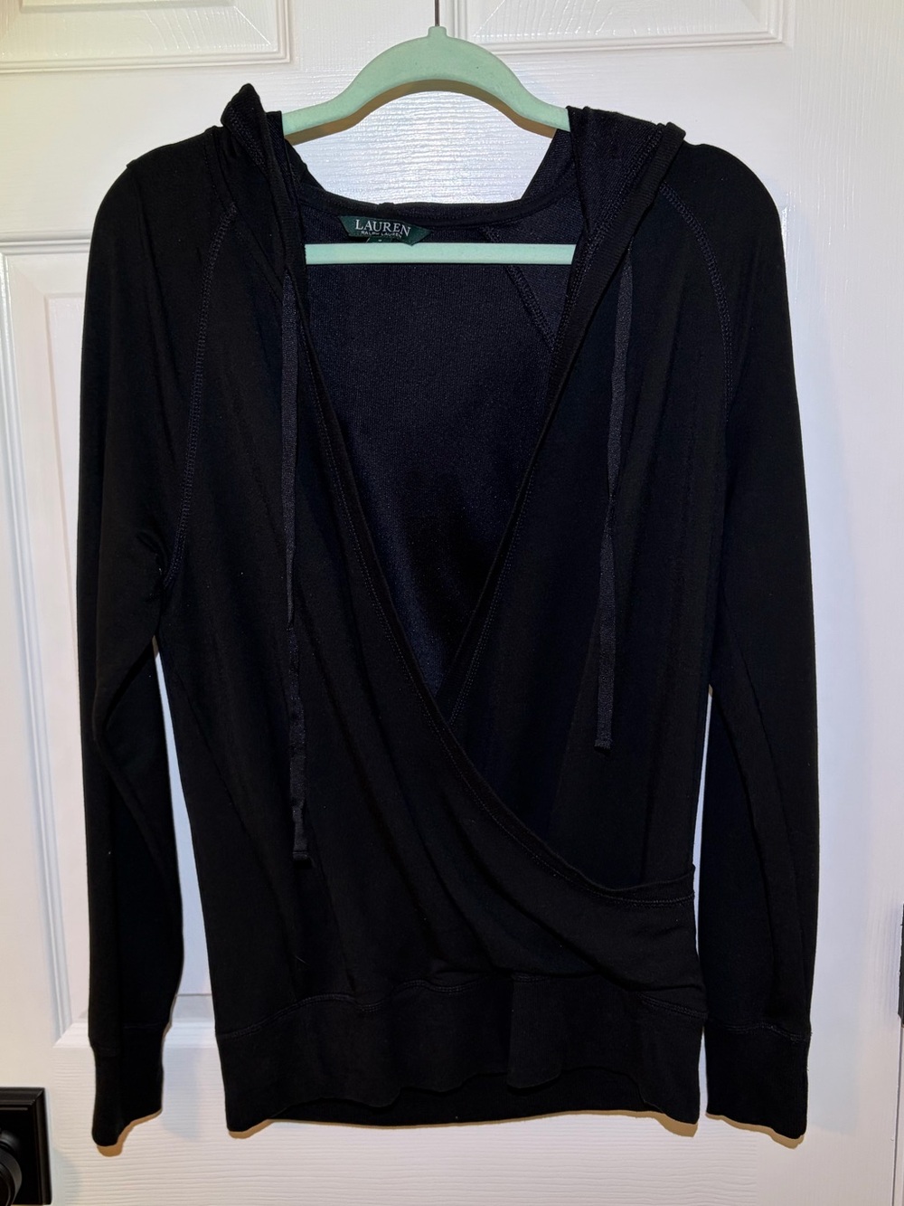 Ralph Lauren Soft & Draping Black Hooded Faux Wrap Top with Drawstring. Small
